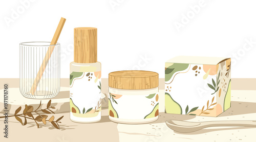 Elegant mockup of natural organic cosmetic products with wooden details and botanical accents, perfect for eco-friendly beauty branding and wellness concepts