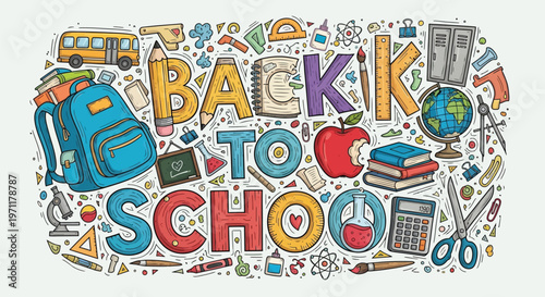 A colorful illustration of various school supplies and objects forming 'Back to School' text