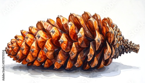 Detailed Watercolor Painting of a Pine Cone on White Background.
