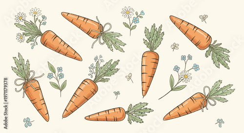 Vibrant illustration of carrots and flowers.