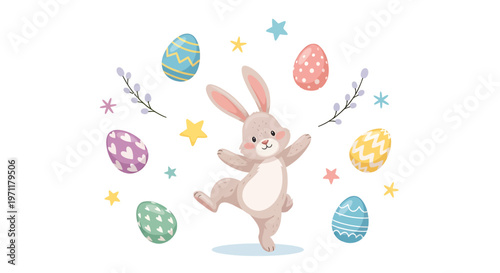A cute bunny dancing with Easter eggs and stars.