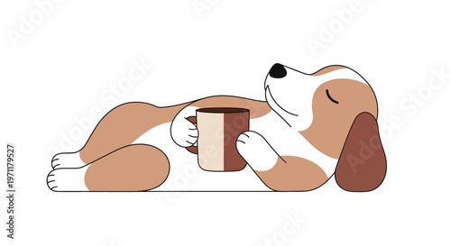 A delightfully sleepy canine friend finding ultimate comfort, gently napping and embracing a warm mug, symbolizing perfect tranquility and a serene break