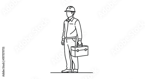 Line drawing of a construction worker in a hard hat holding a toolbox, representing dedication and professional work in the industry