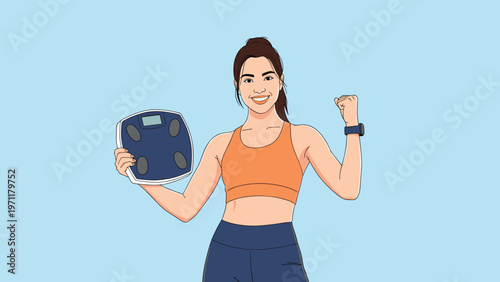 Joyful athletic woman in sports clothes celebrating her weight loss success while holding a digital bathroom scale.