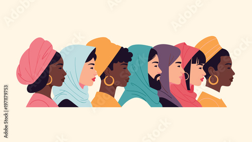 Beautiful profile portrait of a diverse group of women wearing different colorful headscarves representing culture and inclusion.