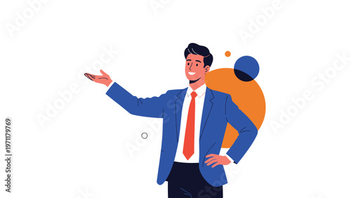 Confident businessman in a blue suit making a presenting gesture with his hand as if showing something to an audience.