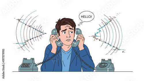 Stressed office employee trying to manage multiple incoming telephone calls simultaneously while being overwhelmed by work tasks.