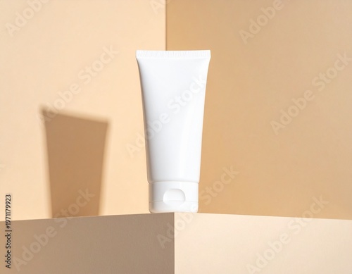 Simple white cosmetic cream tube with a flip-top cap, bathed in warm sunlight casting soft shadows
