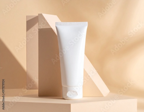 Minimalist cosmetic tube on a pastel background with geometric shapes and soft shadows, perfect for beauty product advertising