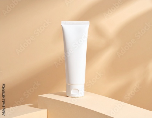 Clean white cosmetic cream tube product on a pastel geometric pedestal with soft natural light and shadow overlays