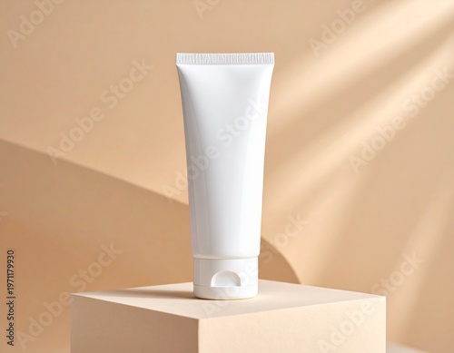A minimalist, clean presentation of a white cosmetic tube product on a beige podium, with soft, dappled sunlight creating shadows in the background