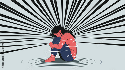 Depressed woman sitting on floor in fetal position surrounded by radiating lines and ripples symbolizing anxiety and isolation.
