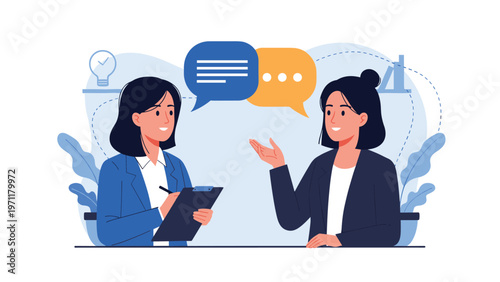 Professional businesswomen sitting at a desk and having a collaborative discussion while one person takes notes on a clipboard.