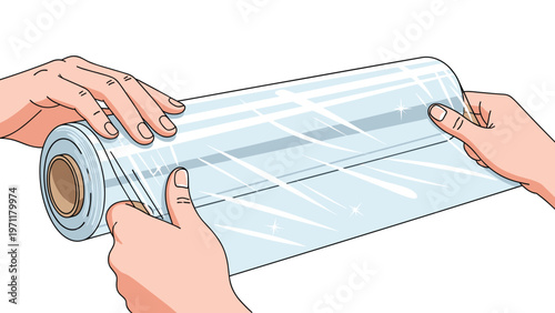 Close up view of human hands carefully unrolling a sheet of transparent plastic wrap for food storage and preservation.