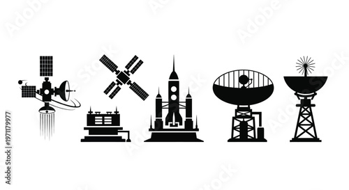 Set of black silhouette vector icons representing essential space technology, including various satellites, a launch rocket, and ground communication antennas, for cosmic exploration