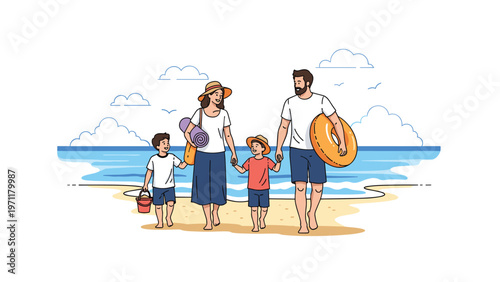 Happy family with two children walking along a sunny tropical beach while carrying towels and swimming rings for summer holiday.