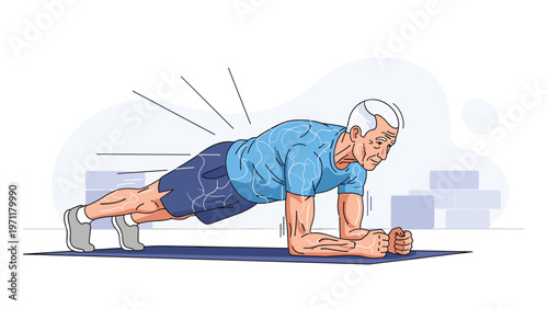 Healthy senior man performing a core strengthening plank exercise on a mat to maintain fitness and active lifestyle in old age.