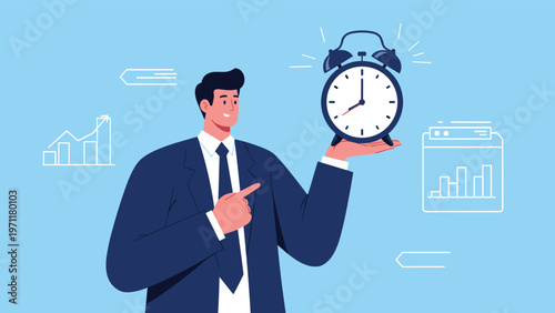 Businessman in a suit pointing at a large alarm clock to emphasize time management, deadlines, and project schedules.