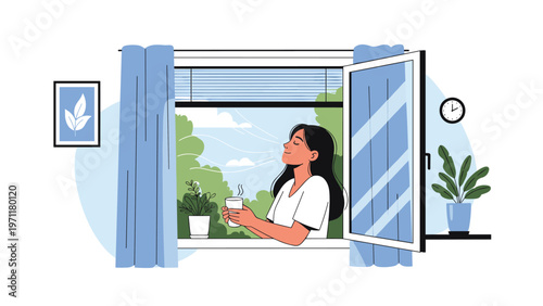 Relaxed woman standing by an open window and breathing fresh air while enjoying a hot drink in a peaceful morning.