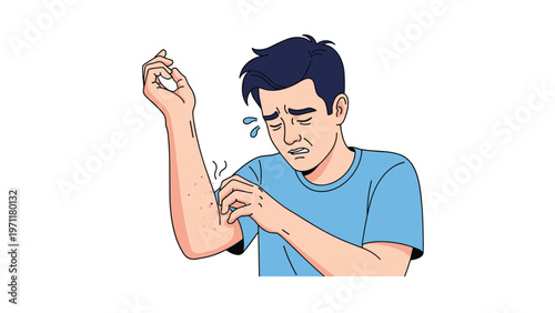 Concerned man scratching an itchy red rash on his arm which could be a sign of an allergic reaction or skin condition.