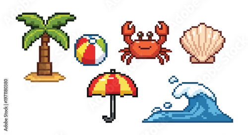 Pixel art collection of beach and summer vacation icons, including a palm tree, beach ball, crab, seashell, umbrella, and wave