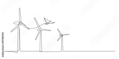wind turbine energy transformation with bird flying eco friendly sustainablity concept single line art. continuous line drawing of turbines minimalist copy space handdrawn
