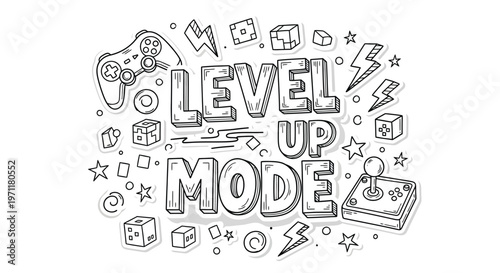 Hand-drawn doodle illustration representing an exciting gaming level-up mode with classic console controller and arcade joystick elements