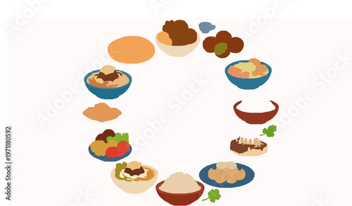 Traditional Egyptian food vector set with assorted dishes in dynamic layout isolated on white background