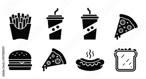 Collection of Fast Food Icons Burger, Fries, Pizza, Hot Dog, and Drinks