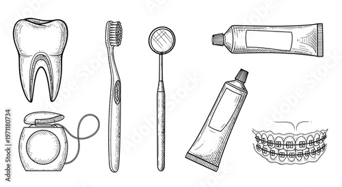 Dental hygiene tools and supplies arranged on a clean surface