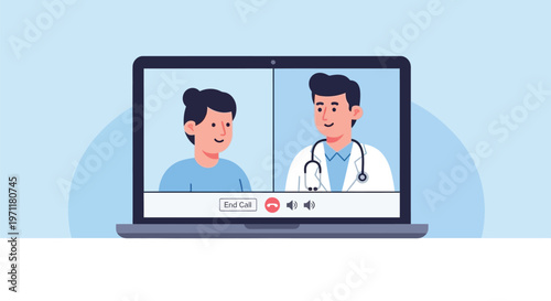 Online consultation between doctor and patient on laptop screen