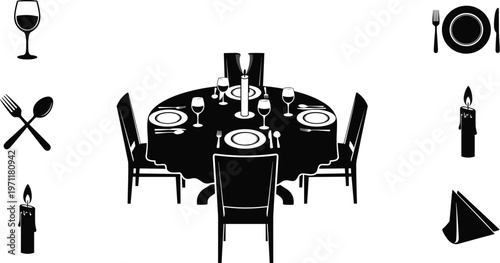 Professional Dining Table Silhouette Vector Set Featuring Restaurant Icons Candles Wine Glasses and Formal Dinner Setting for Catering Branding