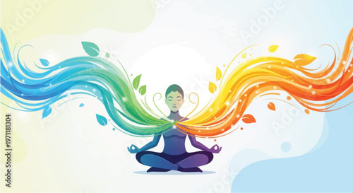 Woman Meditating with Rainbow Aura Surrounding Her.