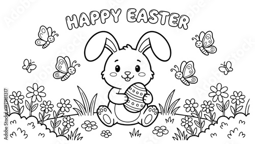 bunny painting easter egg and some flowers, coloring page ready to print on standard 8.5x11 inch paper. eps file.