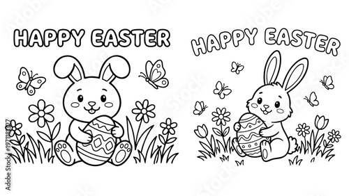 bunny painting easter egg and some flowers, coloring page ready to print on standard 8.5x11 inch paper. eps file.
