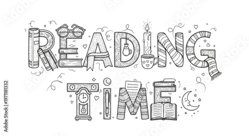 Illustrated reading time typography with books and objects in black and white line art for educational materials