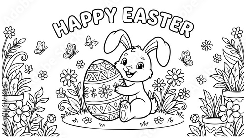 bunny painting easter egg and some flowers, coloring page ready to print on standard 8.5x11 inch paper. eps file.