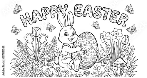 bunny painting easter egg and some flowers, coloring page ready to print on standard 8.5x11 inch paper. eps file.