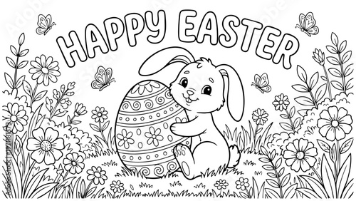 bunny painting easter egg and some flowers, coloring page ready to print on standard 8.5x11 inch paper. eps file.