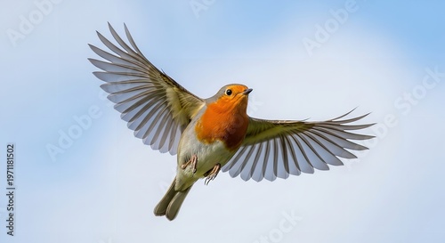 European Robin in Flight Against Blue Sky, Wildlife Photography