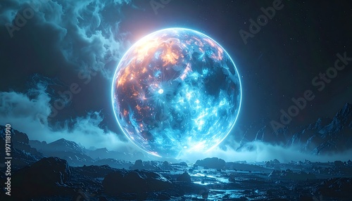 Mystical Celestial Orb - A Glowing Blue Planet in the Night Sky.