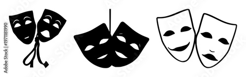 Theater masks set with solid black silhouettes on white background featuring comedy mask, tragedy mask, icon with entertainment and arts