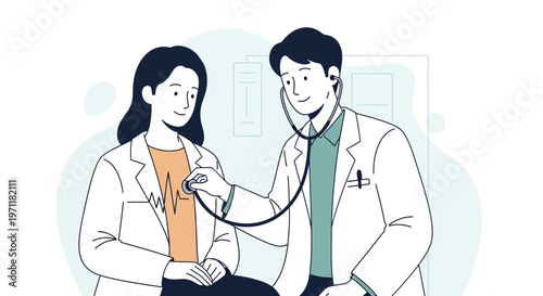 Female patient and doctor in white lab coats with stethoscope in minimalistic line art style in blue and green colors for medical website