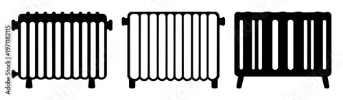Solid black icon, white background: heating radiator icon set with simple line art design featuring outline, illustration, graphic elements with clean design and vector art