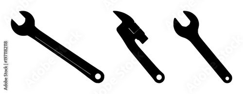 Plumbing wrench set with solid black icon and white background featuring plumbing, tools, icons with vector and line art