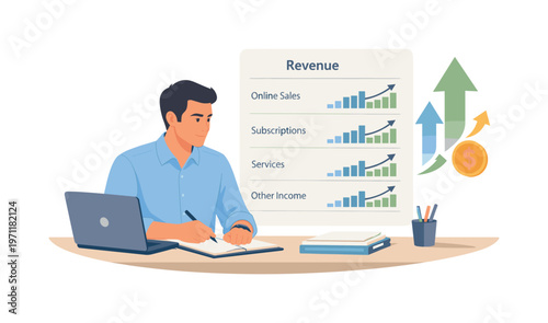 A professional organizing a structured revenue tracking process during a focused work session, sitting at a desk with a laptop while analyzing a