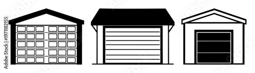 Garage door set with solid black icon featuring entrance, roller, security with opening and closing