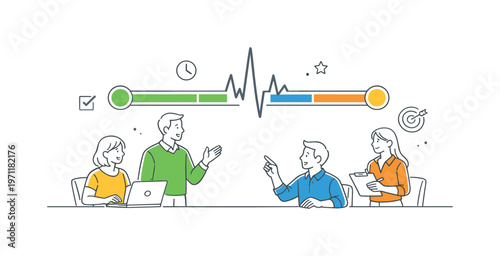 Team reviewing progress consistency and maintaining reliable execution standards together during a structured performance sync in a modern office