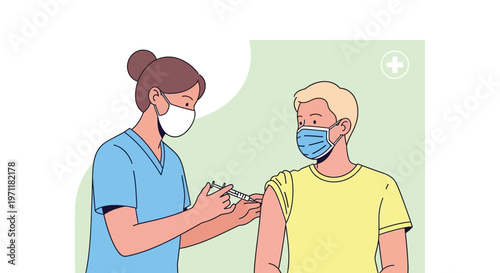 Nurse administering COVID-19 vaccine to patient in medical mask in blue scrubs and yellow t-shirt in professional hospital setting with bright lighting for healthcare