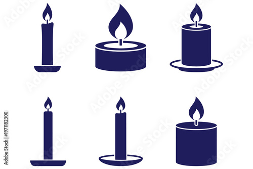 Dark blue candle icons set with flames on white background, modern minimalist design elements for decoration